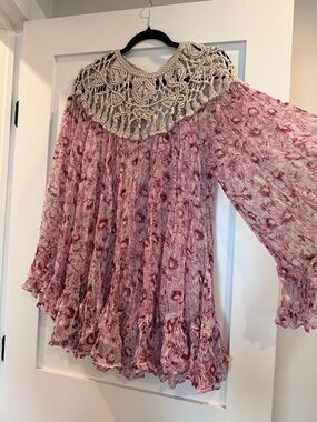 Free People Pink Floral Crochet-Yoke Tunic